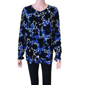 Dana Buchman Button Front Blouse XL Blue & Black Print Long Sleeve Top